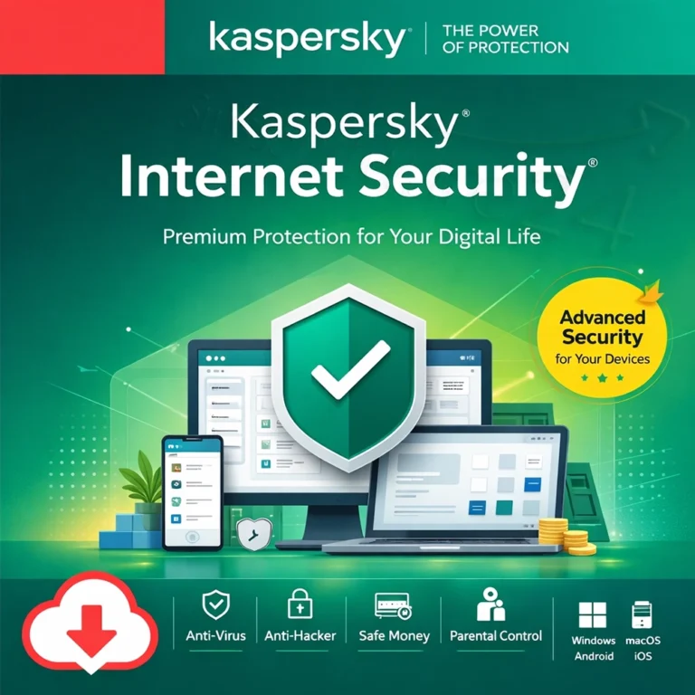 Kaspersky Internet Security Cover mit Symbolen für Anti-Virus, Anti-Hacker und Safe Money