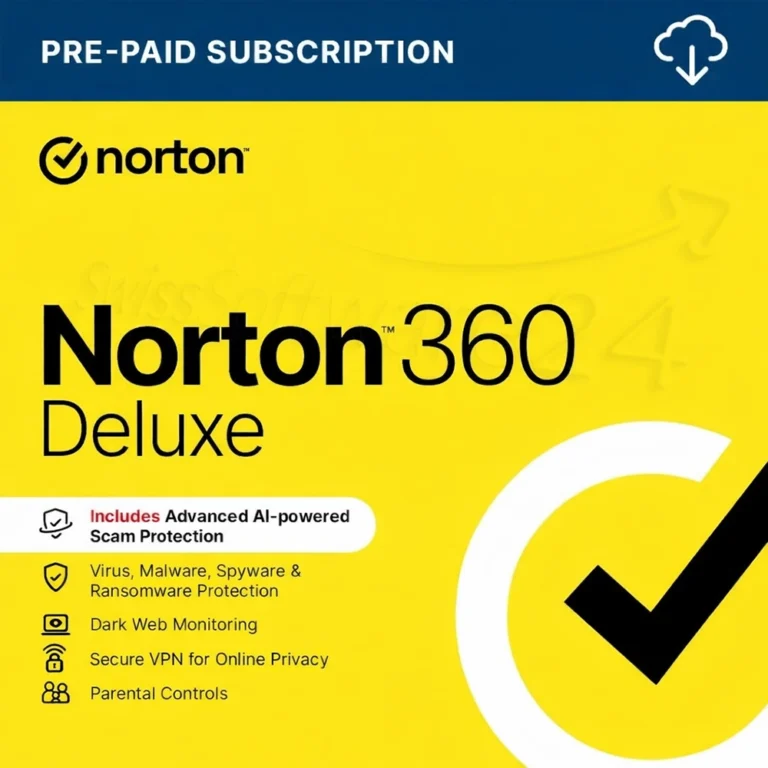 Norton 360 Deluxe Cover auf gelbem Hintergrund mit Funktionsliste und großem Häkchen-Symbol