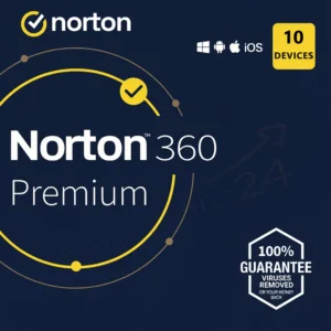 Norton 360 Premium Cover mit Hinweis „10 Devices“ und Garantiesiegel