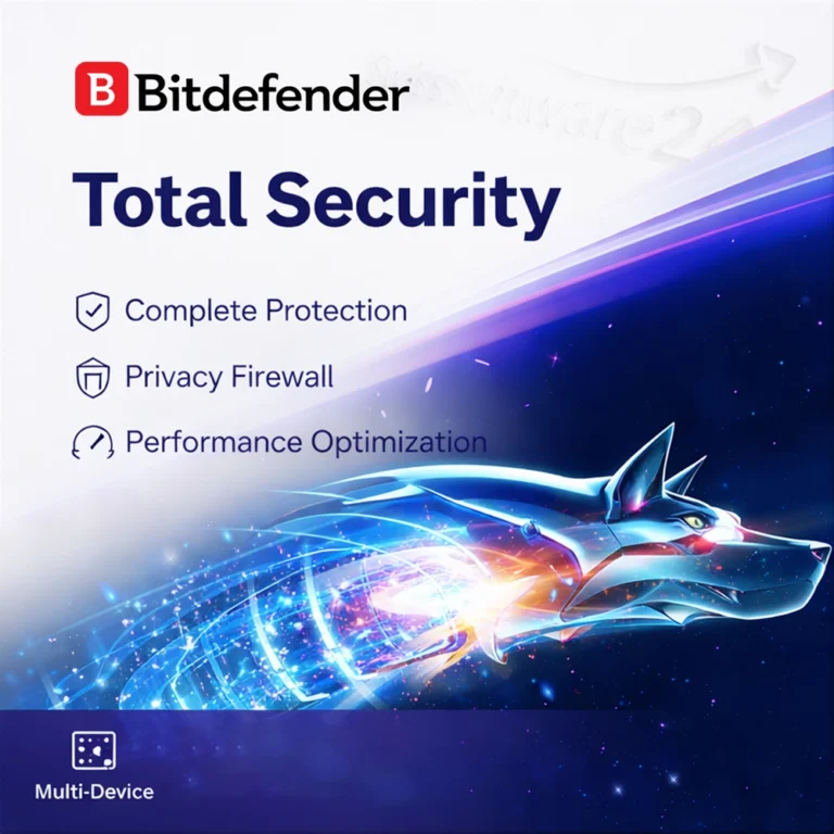 Bitdefender Total Security Cover mit Schutz-Icons und futuristischem Tier-Motiv, Multi-Device