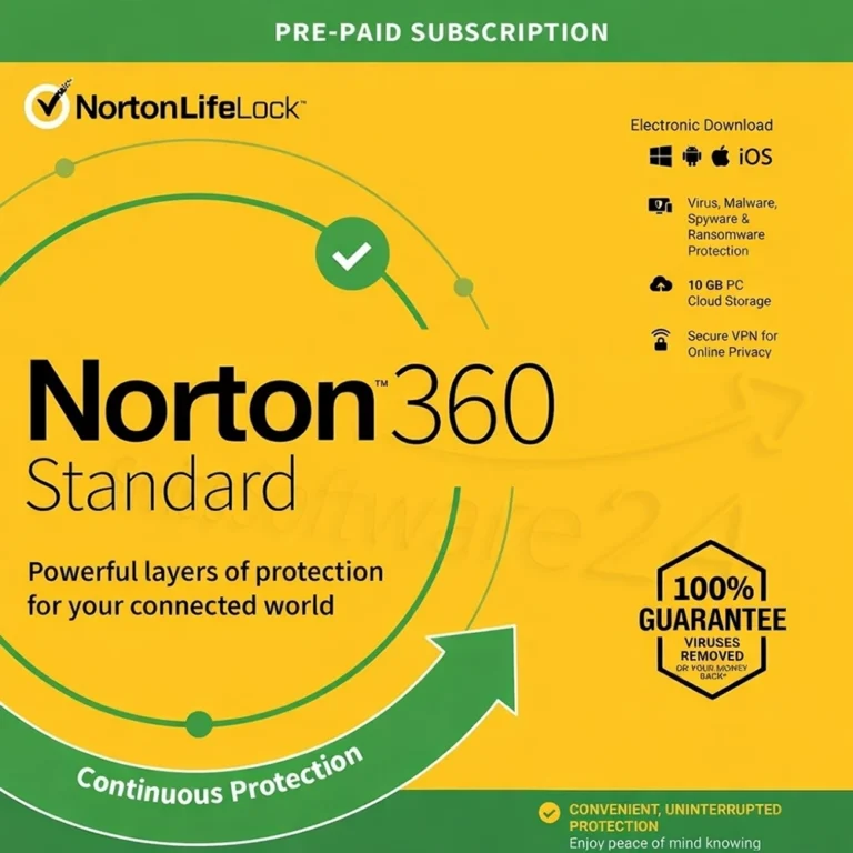 Norton 360 Standard Cover auf gelbem Hintergrund mit Funktionsliste und Garantiesiegel