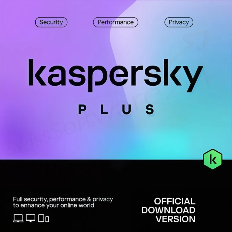 Kaspersky Plus Logo auf violett-türkisem Hintergrund, mit Hinweisen auf Sicherheit, Performance und Datenschutz sowie Download-Symbol
