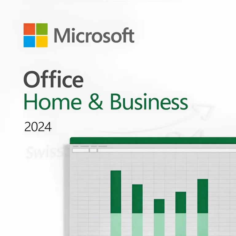 Office Home & Business 2024 Cover mit Logo, grünem Titel und Vorschau einer Tabellenkalkulation