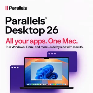 Parallels Desktop 26 Produktbild mit MacBook und Windows‑11‑Oberfläche, offizielles ESD‑Marketingmotiv.